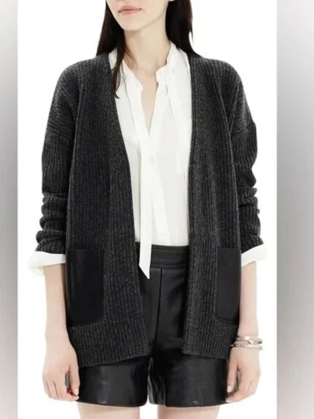 Madewell Wool Ribbed Cardigan Leather Pockets‎ Gray Black Small Ribbed Sweater